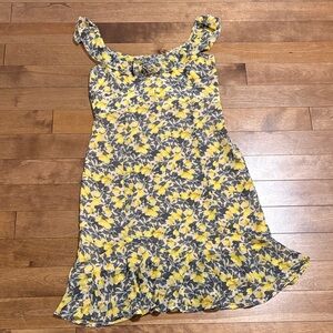 Ann Taylor LOFT Yellow & Gray Floral dress with fluttery sleeves